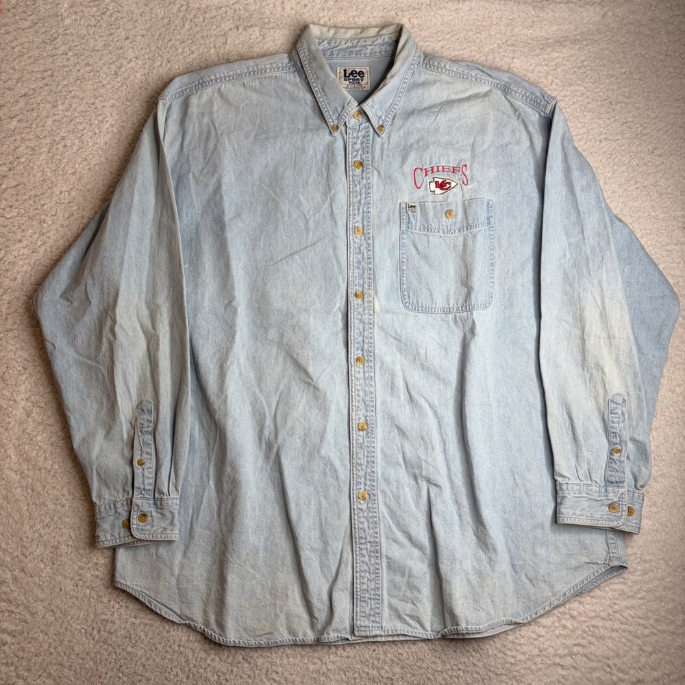 Vintage Lee Sport Kansas City Chiefs Denim Button Down Shirt Light Wash 2XL